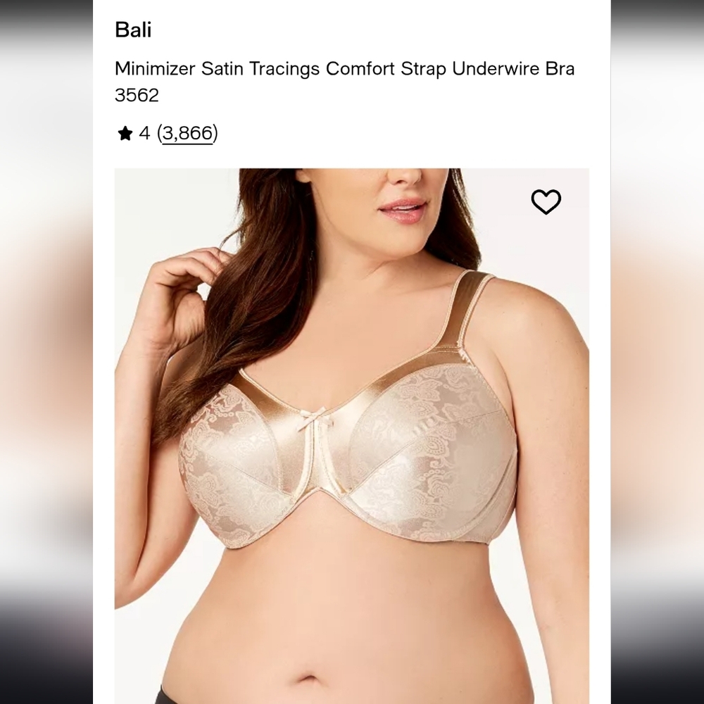 Bali Satin Tracings Comfort Strap Bra 42D Beige jacquard floral Minimizer 3562
